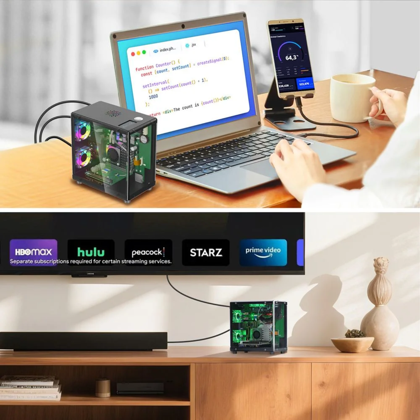 Elecrow Pitower Gen 1 Raspberry Pi 5 Mini PC Case With 3 Fans and 1.3” OLED Screen