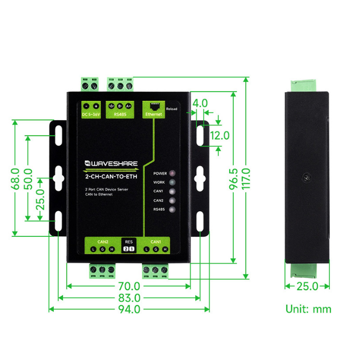 Waveshare Industrial 2-Ch CAN to Ethernet Server - 2-Ch CAN + RS485 + Ethernet Port
