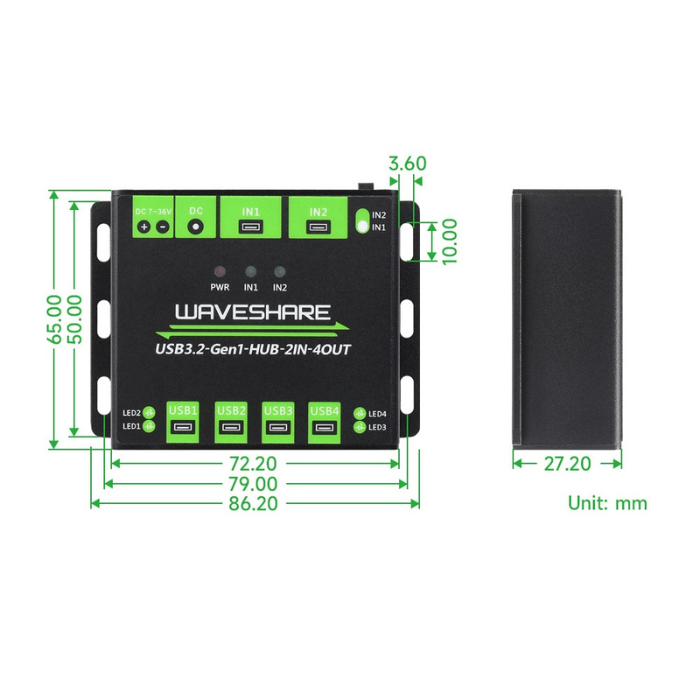Waveshare Industrial Grade USB HUB Extending 4x USB 3.2 Ports with Switchable Dual Hosts
