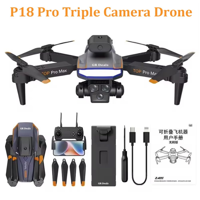 P18 Pro Foldable FPV Drone with Triple HD 4K Camera and Brushless Motor
