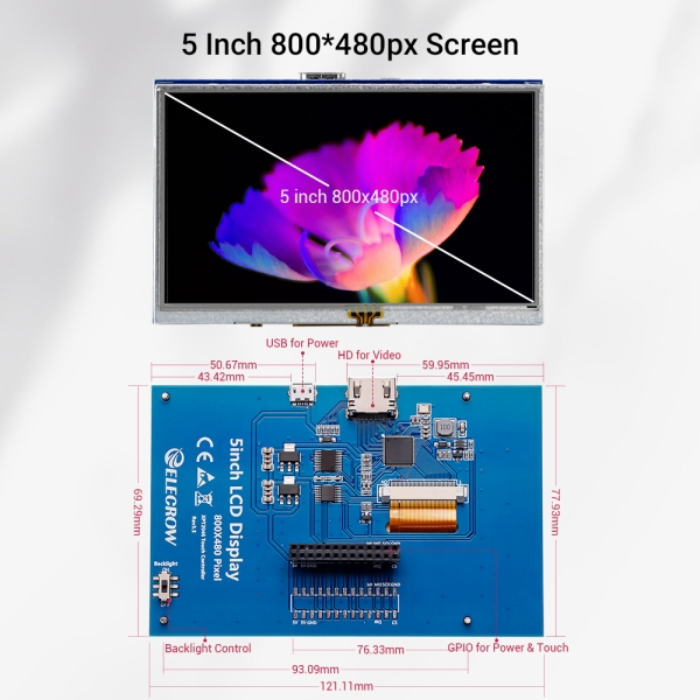 Elecrow RR050 5 Inch Resistive Touch Screen TFT Display 800x480