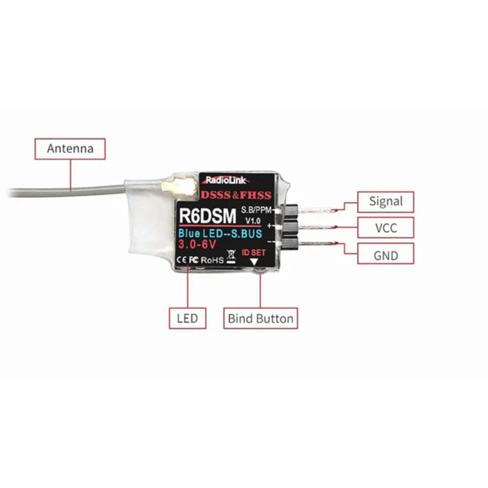 Radiolink R6DSM Mini Drone Receiver 2.4Ghz 10 Channels For Racing Drones, Quadcopter Aircrafts