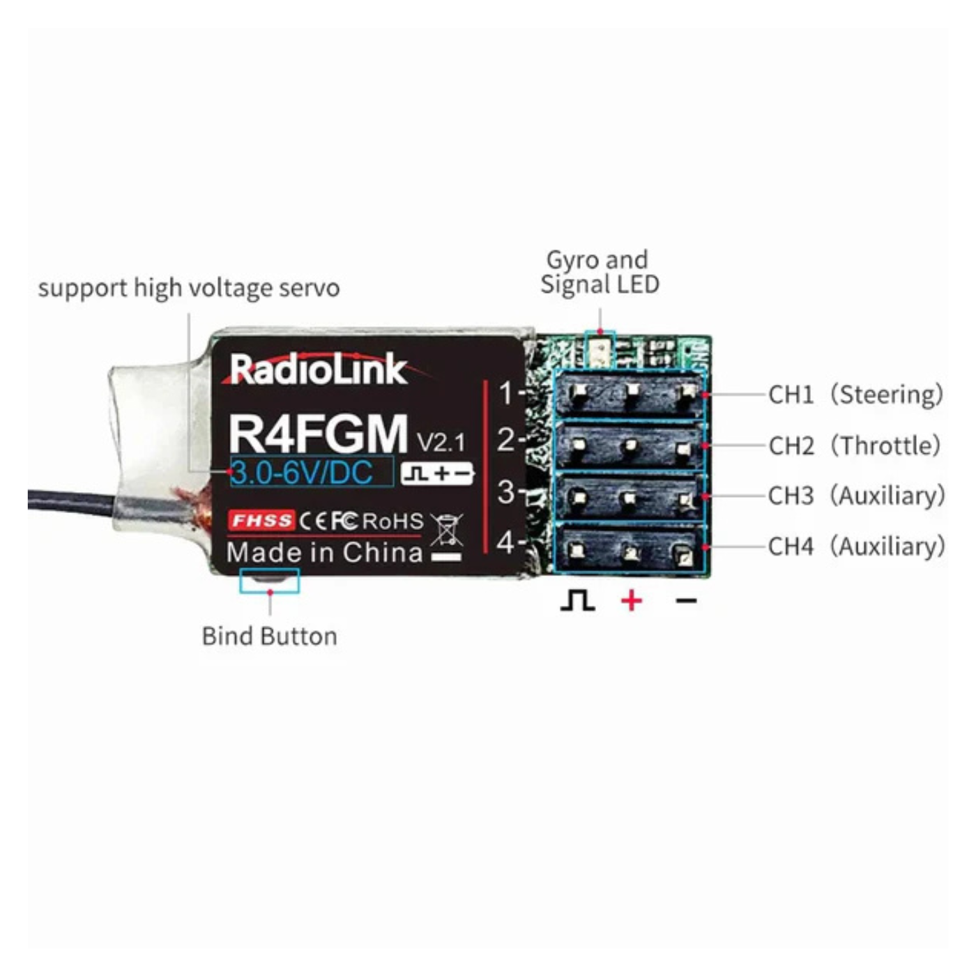 Radiolink R4FGM 2.4GHz Long Range 4 Channel RC Receiver for RC Car with Gyro