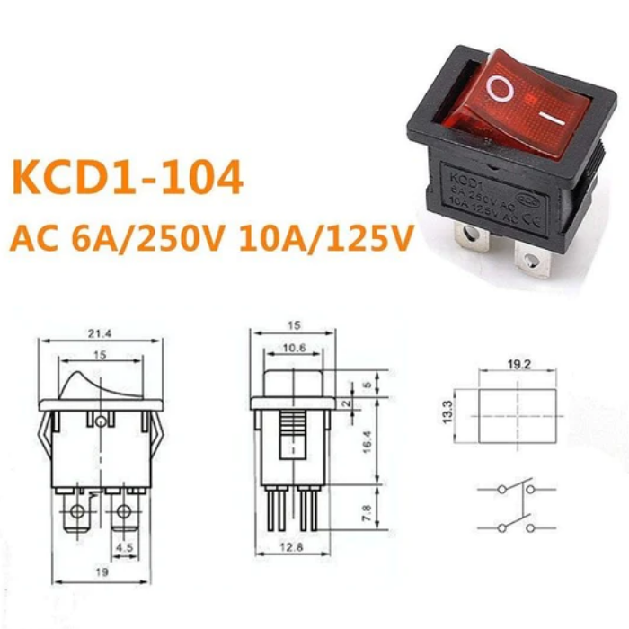 Rocker switch 6A 250V SPDT 4 PIN Red LED