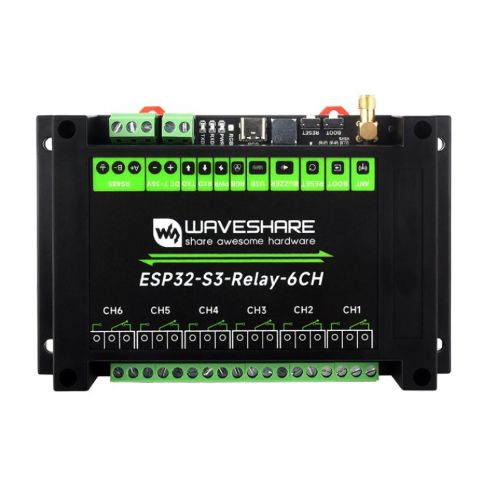 Waveshare 6-Channel ESP32-S3 WiFi Relay Module with Onboard RS485 Pico HAT Interfaces