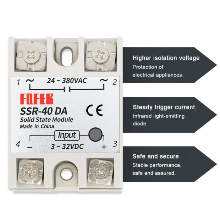 Fofek SSR-40DA 40A DC to AC Solid State Relay - 3-32VDC Input, 24-380VAC Output