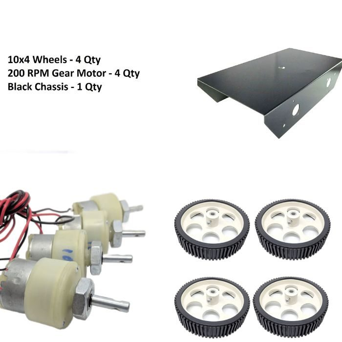 200 RPM GEAR MOTOR+ 10X2 cm WHEEL + 6-7 INCH BLACK METAL CHASSIS