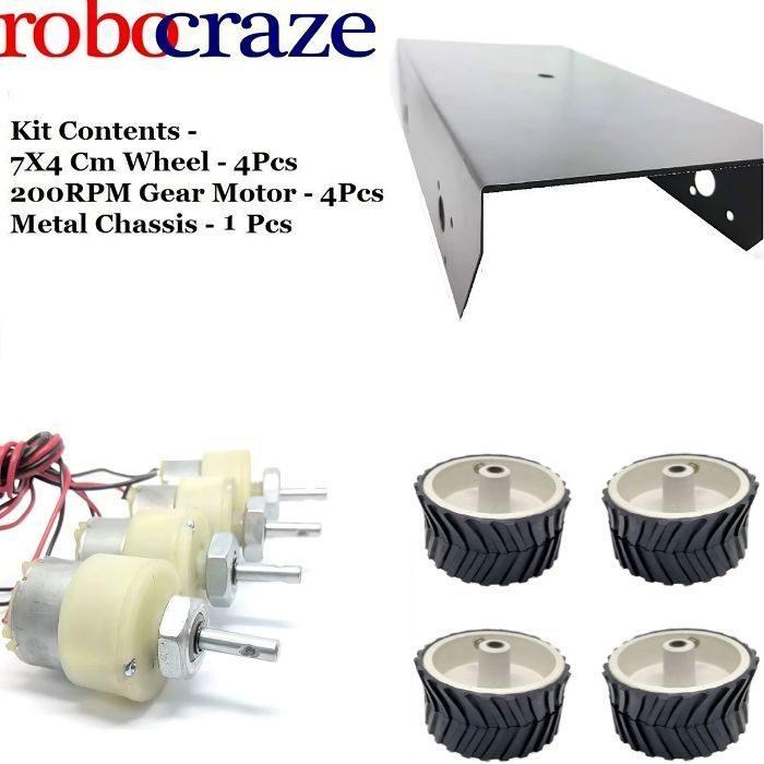 Iotcart 200 RPM Gear Motor with 7x4cm Wheel & Metal Chassis - Ideal for Arduino Robots