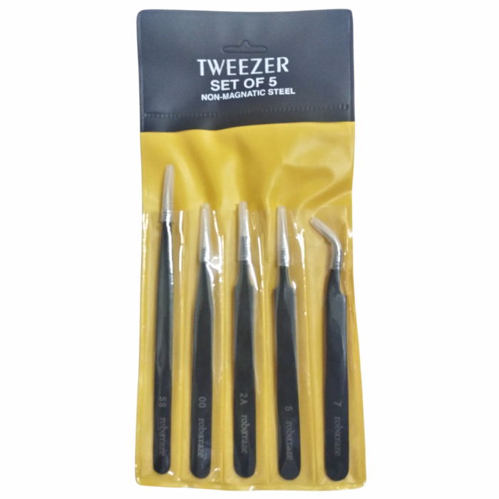 Robocraze Black Epoxy Coated Tweezer Set of 5 (SS,OO,2A,5,7) - Precision Tools for Electronics