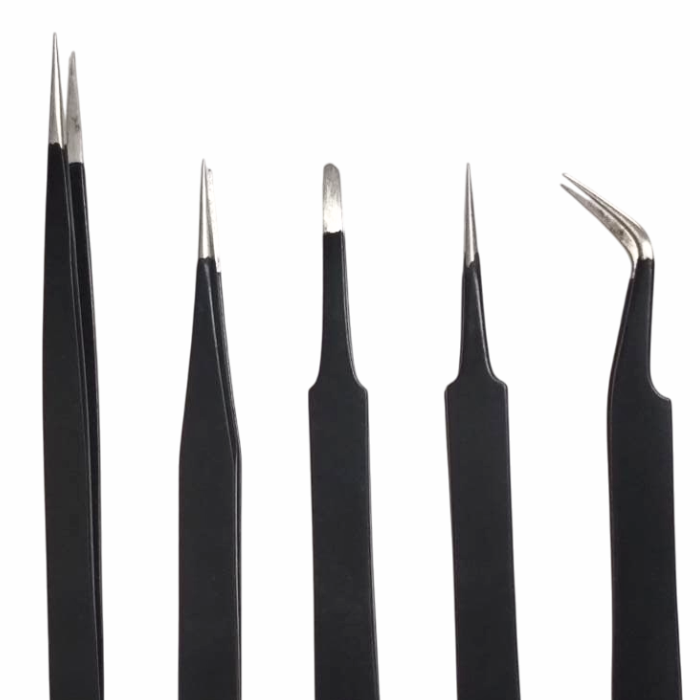 Robocraze Black Epoxy Coated Tweezer Set of 5 (SS,OO,2A,5,7) - Precision Tools for Electronics