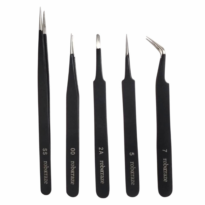 Robocraze Black Epoxy Coated Tweezer Set of 5 (SS,OO,2A,5,7) - Precision Tools for Electronics