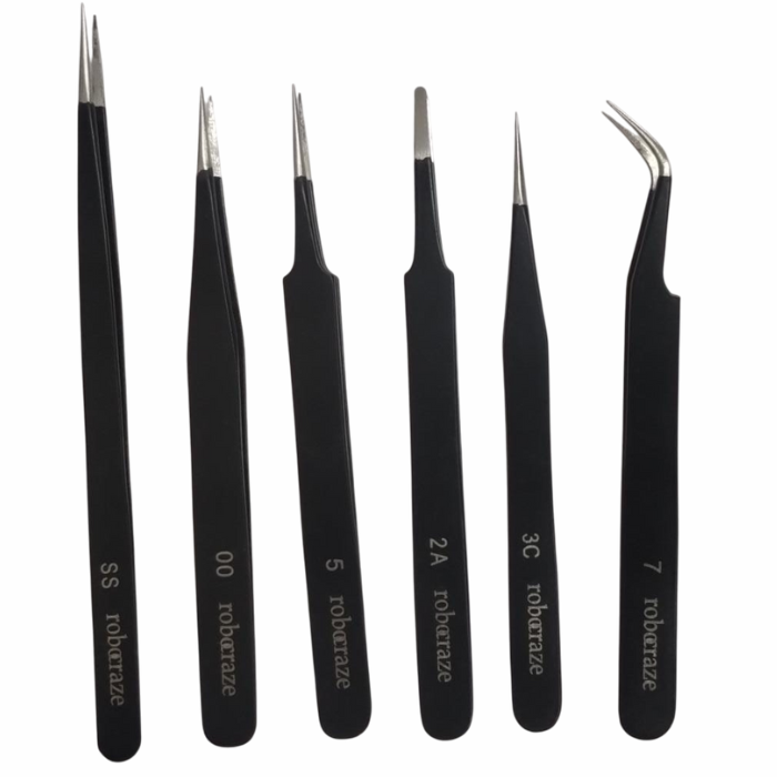 Robocraze Black Epoxy Coated Tweezer Set of 6 - Precision Tools for Electronics & Watch Repair