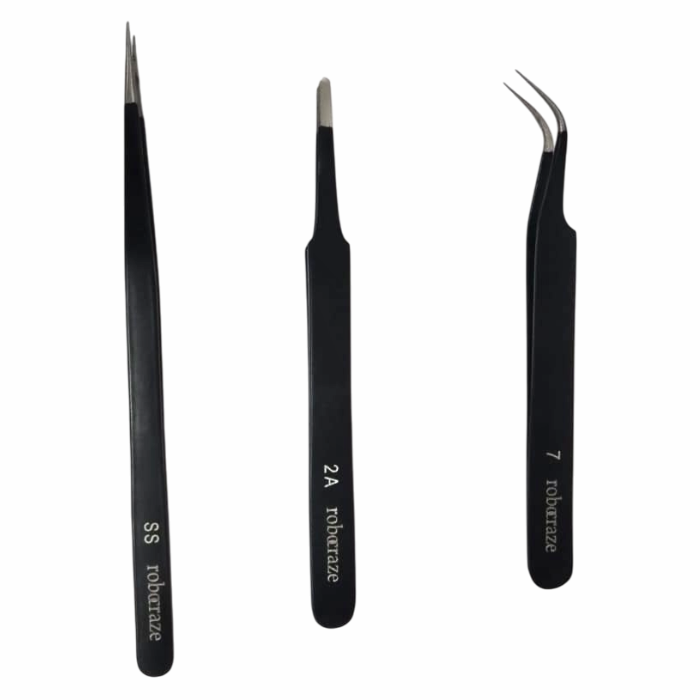 Robocraze Black Epoxy Coated Tweezer Set of 3 (SS,2A,7) - Precision Tools for Electronics & Watch Repair