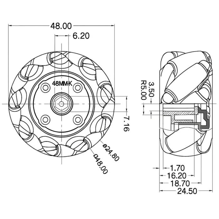 Iotcart Mecanum Wheel 48mm Pair Omnidirectional Left & Right - Robotics Mobility Solution