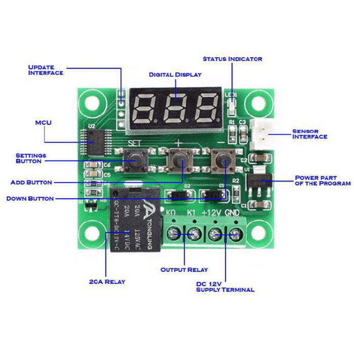 Combo of W1209 Digital Thermostat Temperature Controller with 12V 2AMP Adapter, 12V DC 0.15A Fan, DC female Jack/Splitter and Alligator Clips