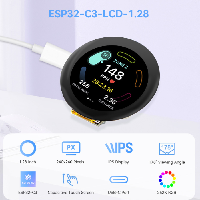 CrowPanel ESP32-C3 1.28" Round IPS Touch Display - IoT & DIY Projects