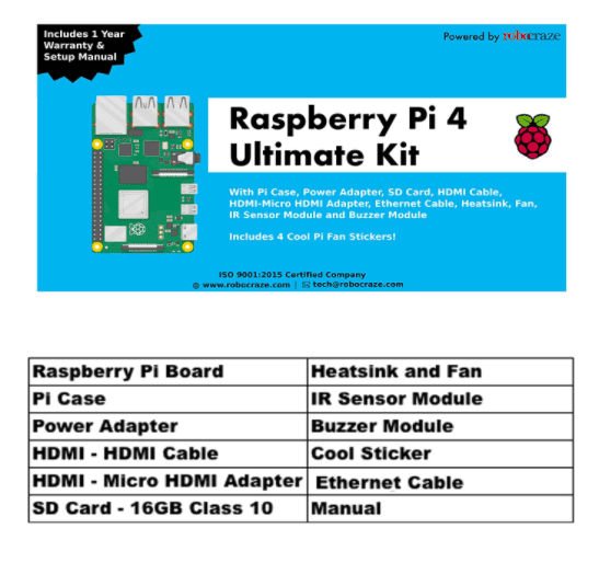 Raspberry Pi4 Model B 2GB Ultimate Kit with Pi4 2GB, Case, Power Adapter, Heatsink, Fan, 32GB SD Card, Sensors, Manual, HDMI and Ethernet Cable