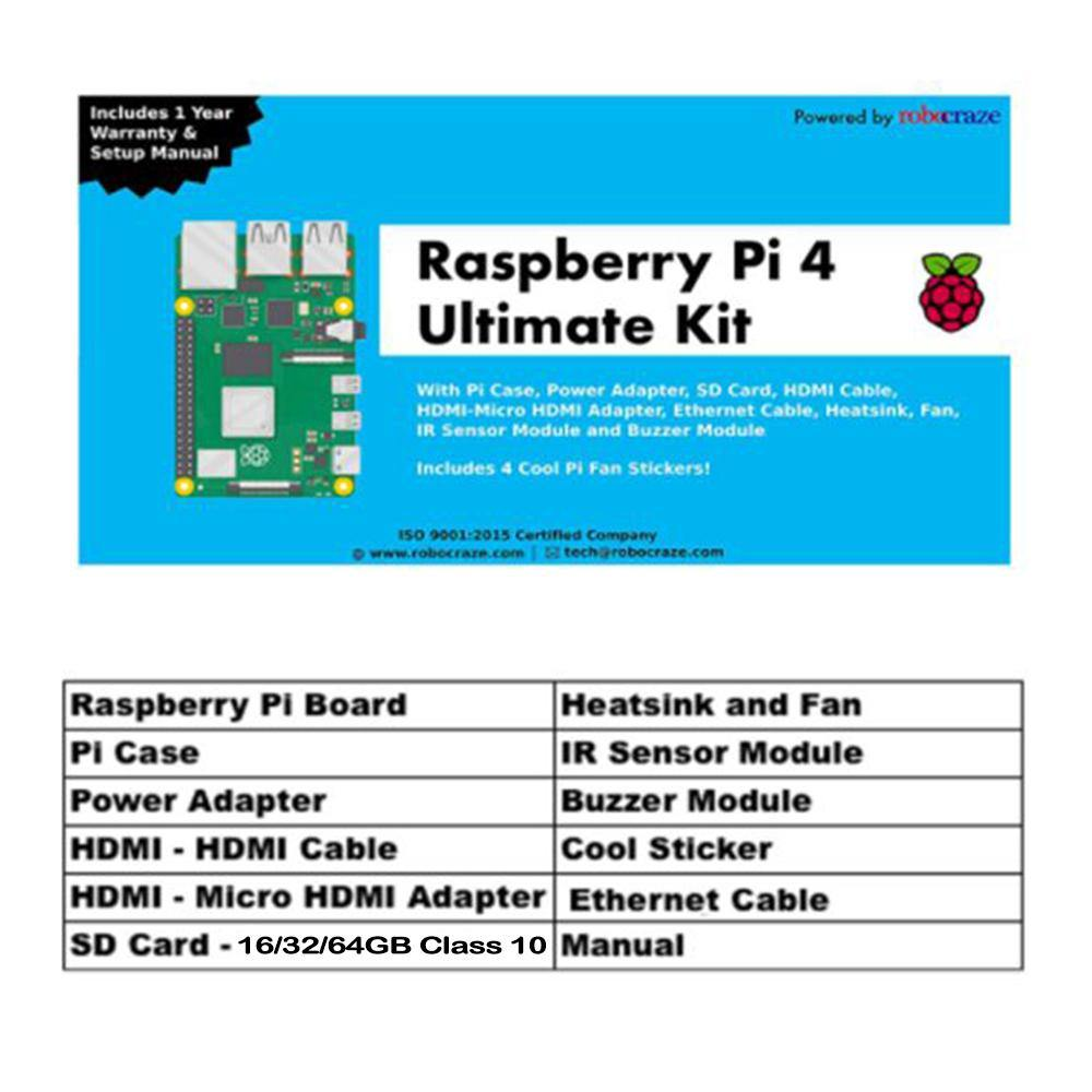 Raspberry Pi4 2-4-8GB Model 4B Ultimate Kit- Case, Power Adapter, Ethernet Cable, SD Card, Sensors and Manual
